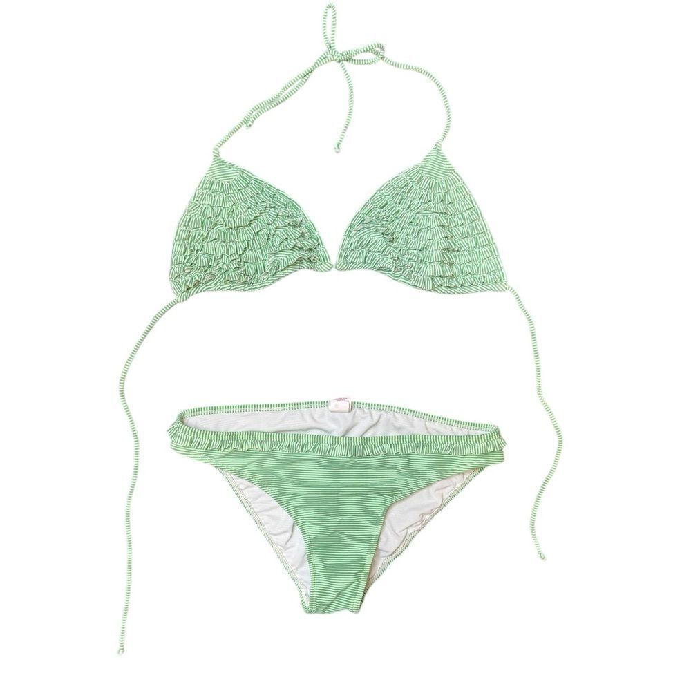 Y2K Xhilaration Green + White Stripe Ruffle Low Rise Triangle Bikini Set Large